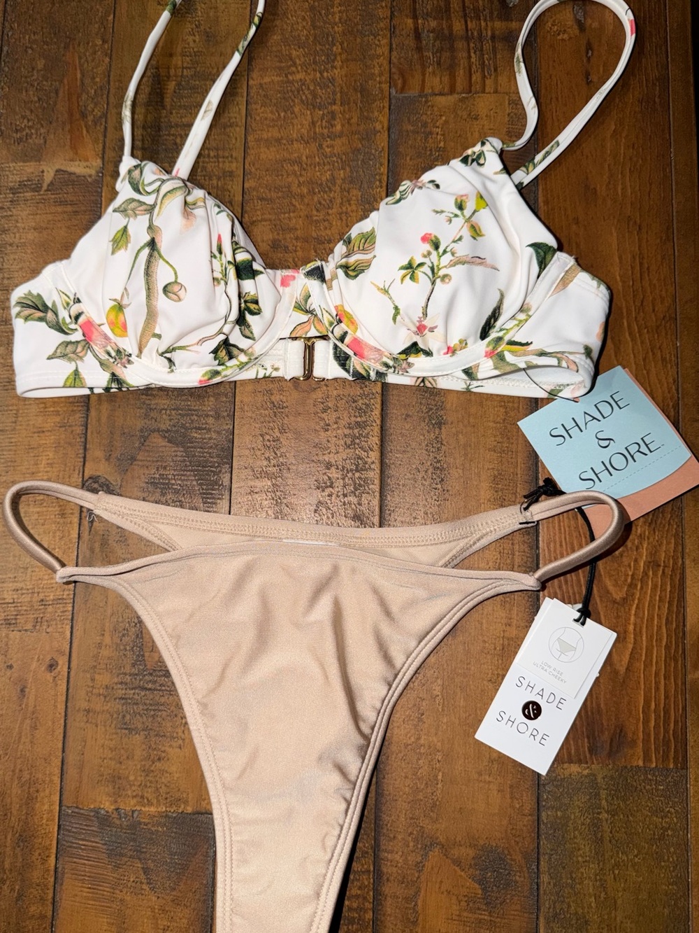 Shade & Shore White Floral Underwire Bikini Top with Nude Bottom